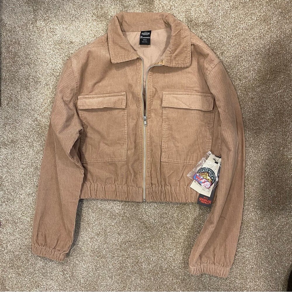 Stranger Things Cropped Corduroy Tan Bomber Jacket - Picture 2 of 5
